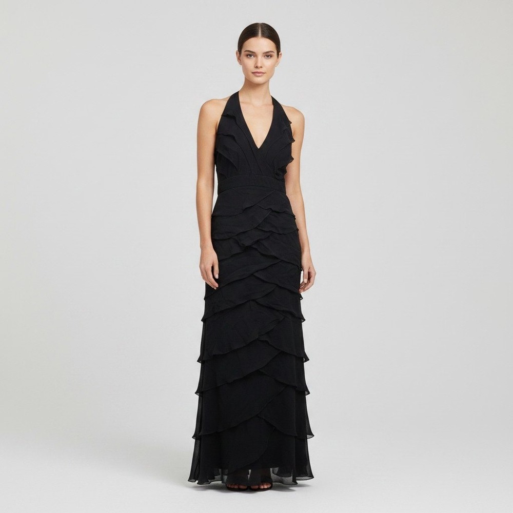 Vintage Tadashi Collection Black 100% Silk Ruffle Tiered Halter Maxi Gown Size 6